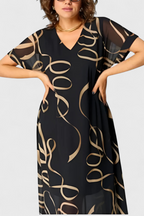 Allegra Vestido Negro con Estampado Abstracto en Oro y Escote en V