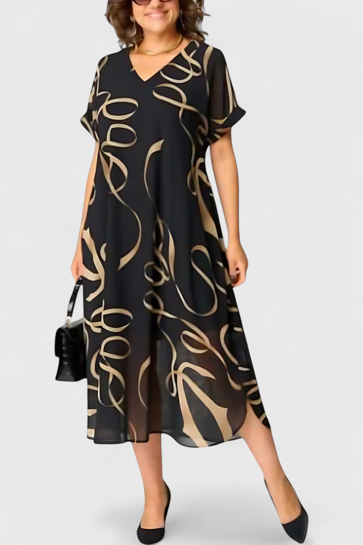 Allegra Vestido Negro con Estampado Abstracto en Oro y Escote en V