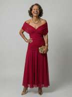 Calena™ | Vestido Midi Off-Shoulder con Escote Drapeado