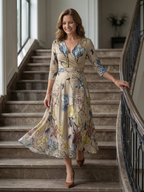 Celeste™ | Vestido Midi Floral con Escote Cruzado y Manga Tres Cuartos