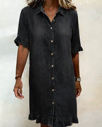 Lucía™ | Vestido Camisero Denim con Volantes