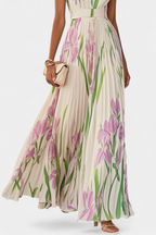 Calanthe Vestido Largo Plisado con Estampado Floral y Escote Cuadrado