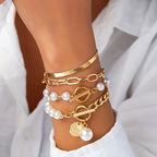 Set van 4 armbanden – Slang, parels & schakels | Goud