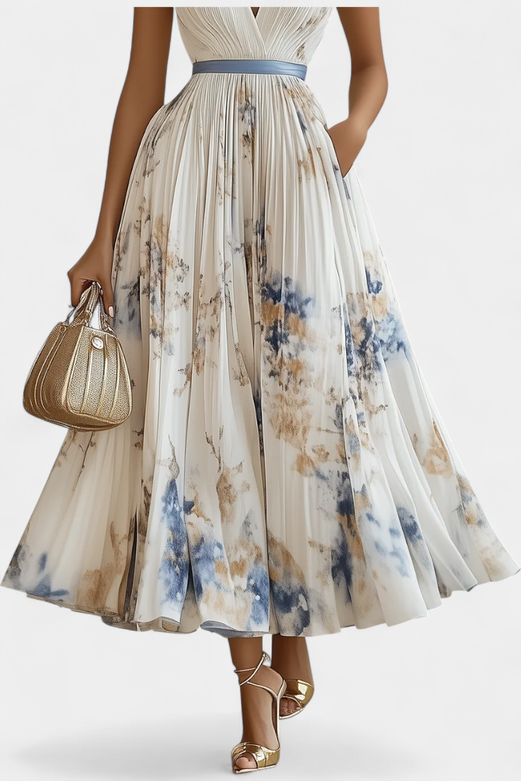 Elise Vestido Midi Sin Mangas con Estampado Floral y Plisado
