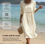 Carmela™ | Vestido Midi de Lino con Cuello Redondo y Manga Volante
