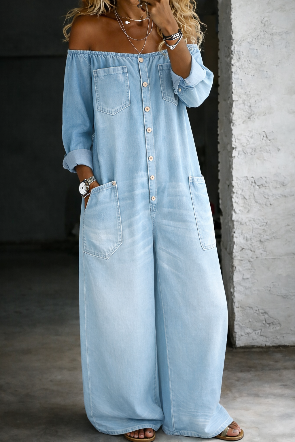 Sabina™ | Mono vaquero off-shoulder de manga larga