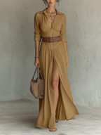 ELENA™ | VESTIDO MAXI LARGO DE LINO CON MANGAS LARGAS