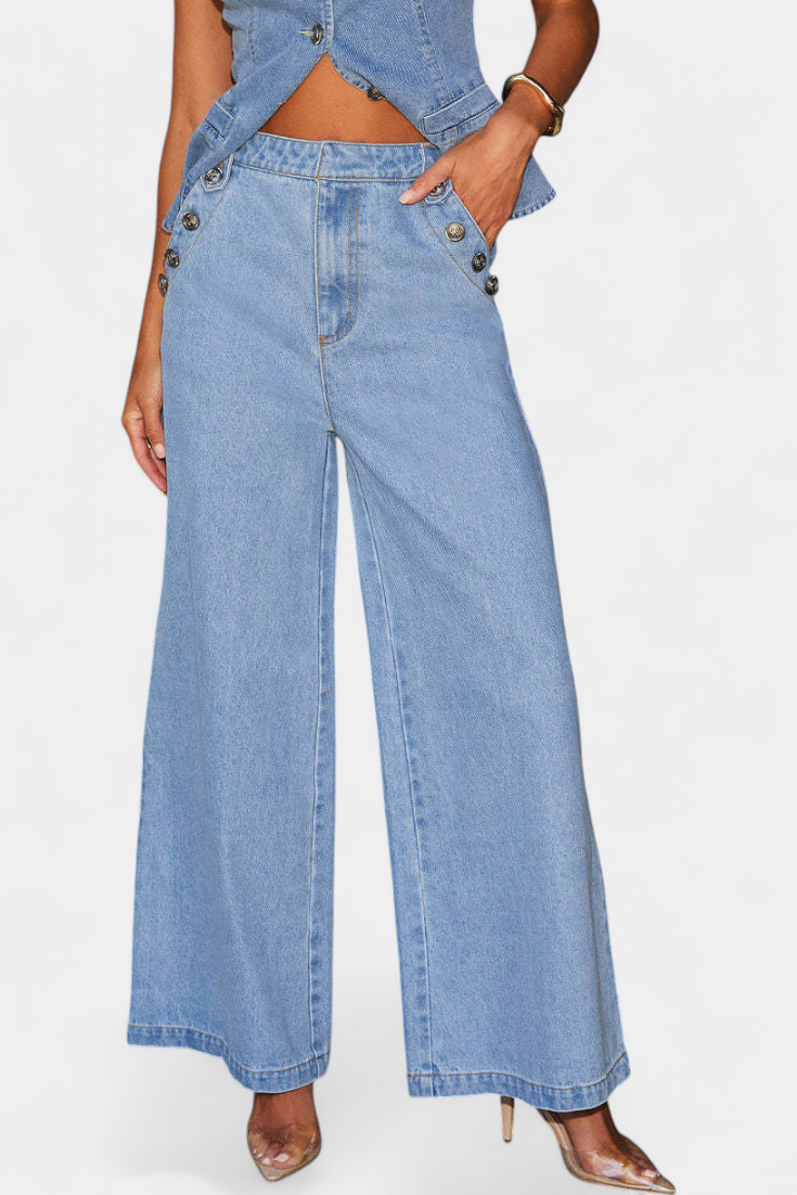 Ludovica Conjunto de Denim con Chaleco Ajustado y Jeans de Pierna Ancha