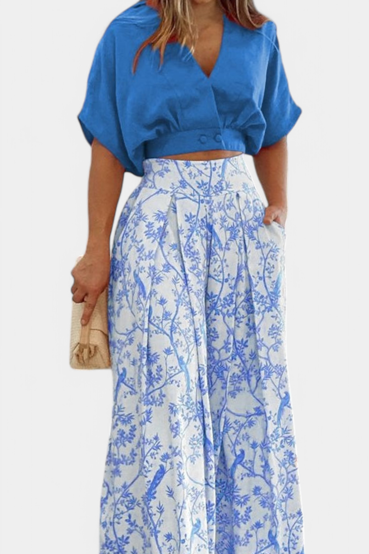 Olivia Conjunto Boho de Cuello en V y Pierna Ancha