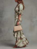 Isabela™ | Vestido Largo Floral en Satén con Escote en V y Manga Volante