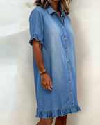Lucía™ | Vestido Camisero Denim con Volantes