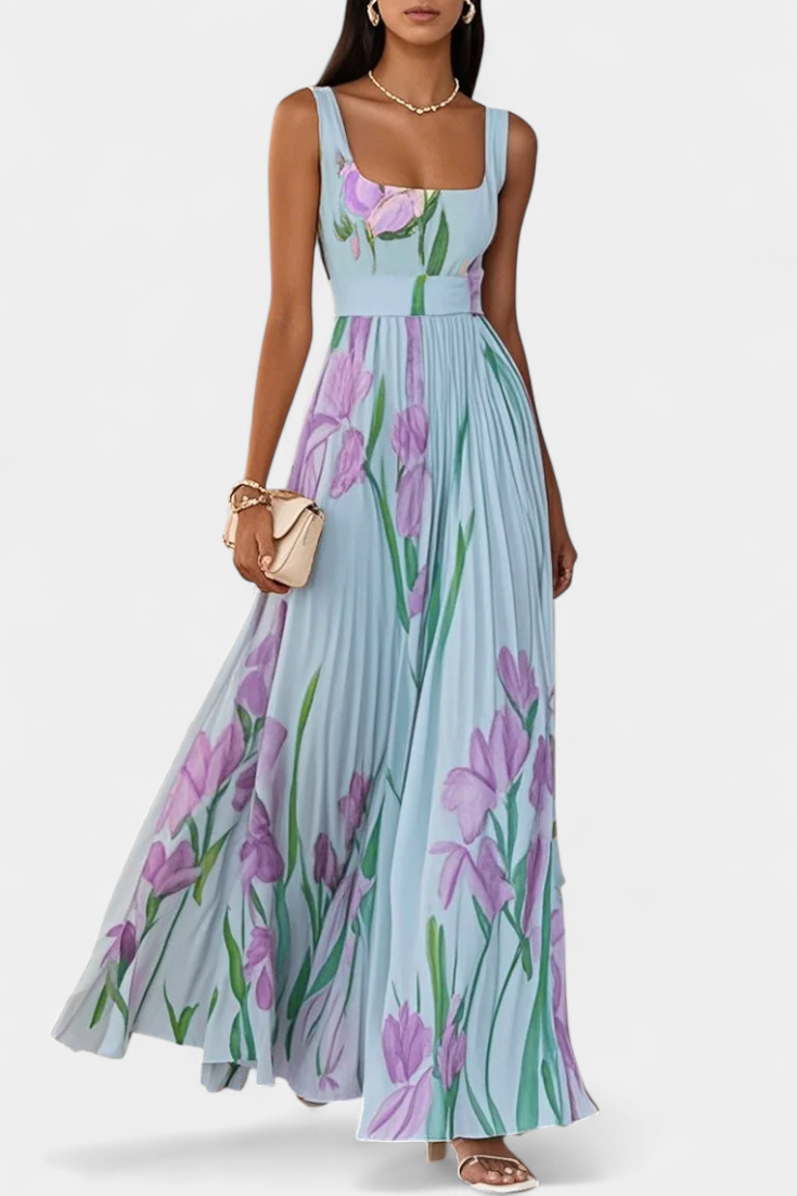 Calanthe Vestido Largo Plisado con Estampado Floral y Escote Cuadrado
