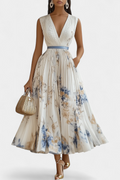 Elise Vestido Midi Sin Mangas con Estampado Floral y Plisado
