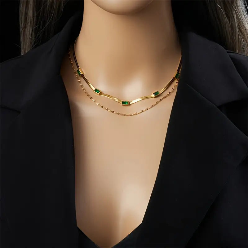 Dubbele Gouden Halsketting met Vintage Smaragd