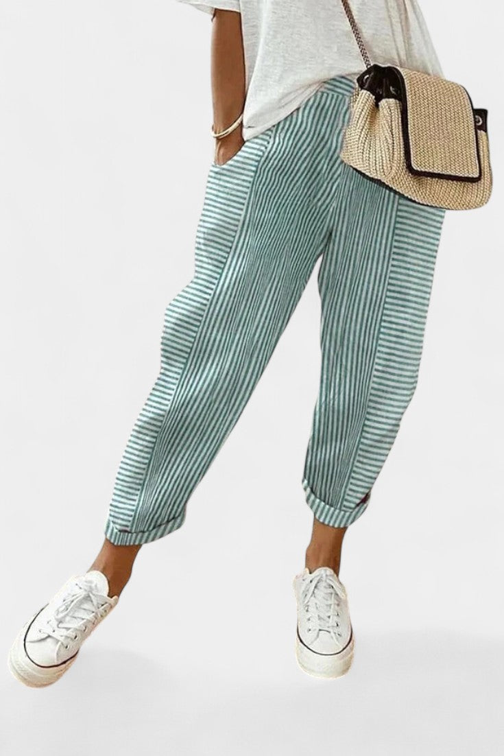 Alba Pantalones de Mezcla de Lino a Rayas