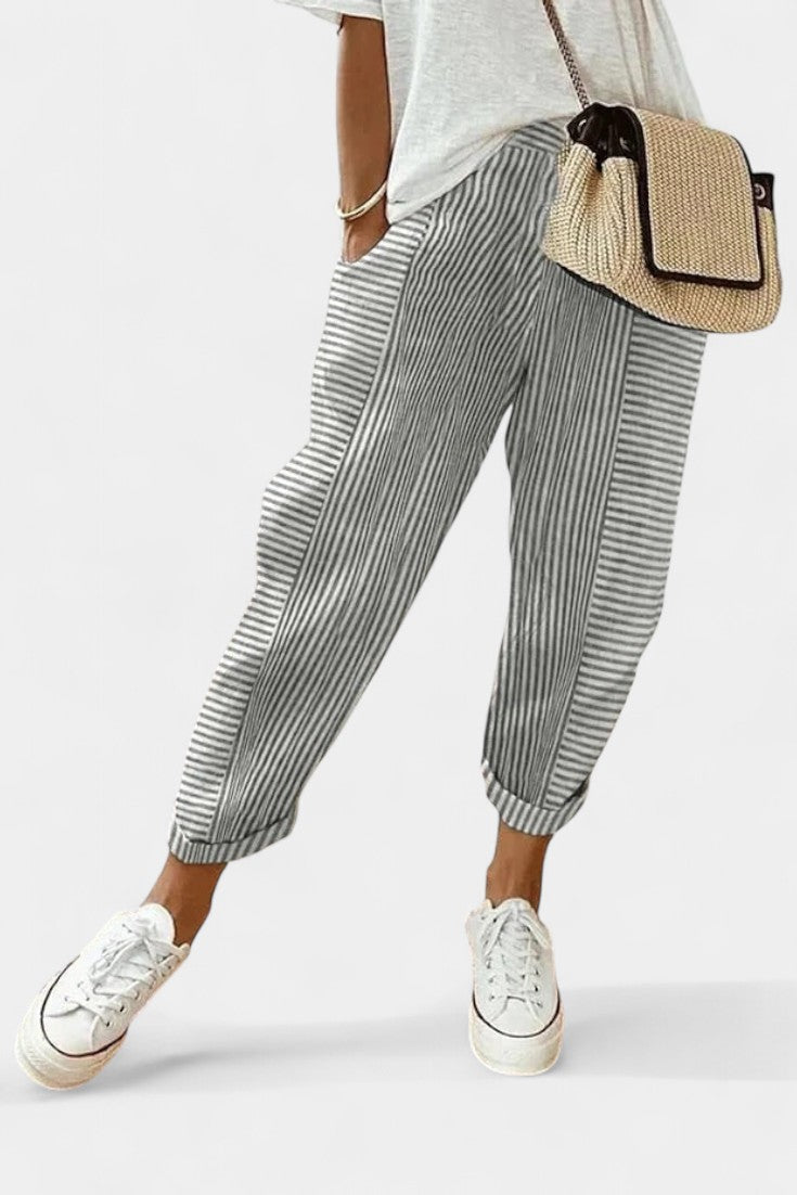 Alba Pantalones de Mezcla de Lino a Rayas