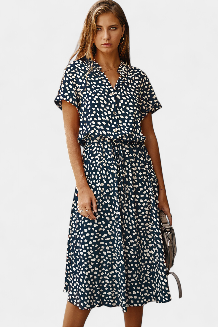 Rovena Vestido Midi de Lunares con Cuello Camisero y Cintura Ajustable