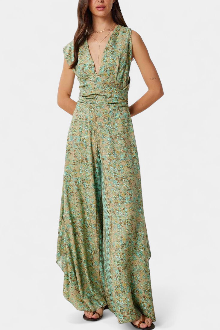 Leandra Mono Fluido Cruzado con Estampado Floral Verde
