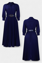 Michelle Vestido Midi con Cuello Sastrero y Cinturón Plisado
