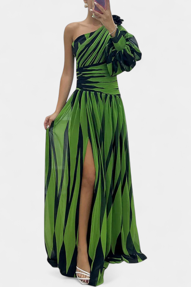 Bethania Vestido Maxí Elegante de Rayas con Un Solo Hombro