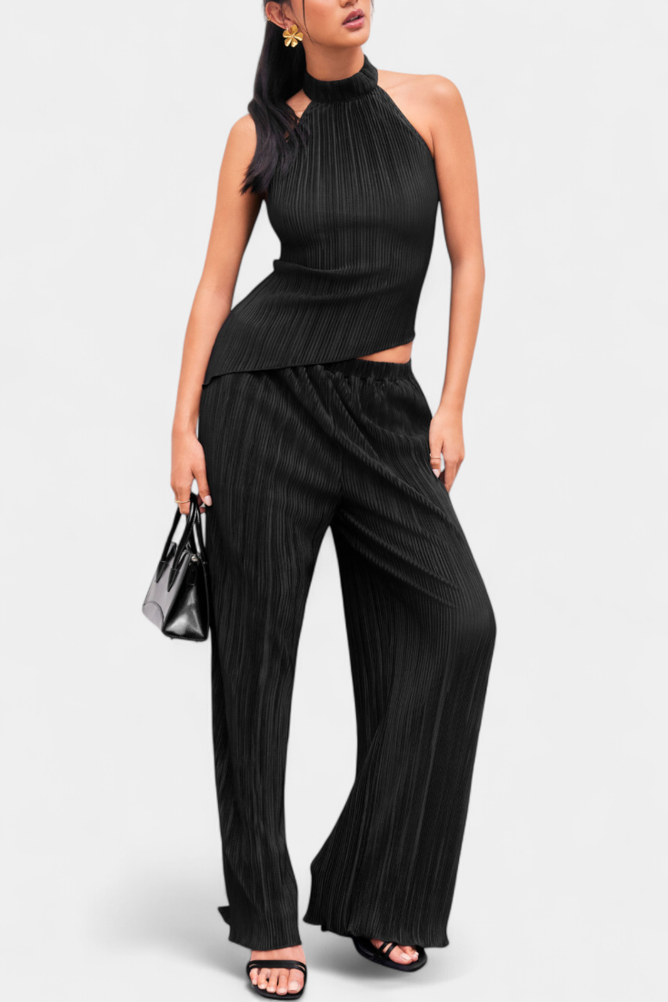 Pilarica Conjunto Plisado con Top Asimétrico Halter y Pantalón Fluido