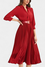 Michelle Vestido Midi con Cuello Sastrero y Cinturón Plisado