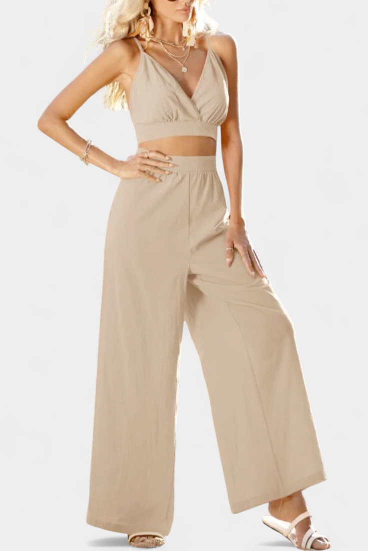 Valentina Conjunto de Chaleco de Encaje de Espalda Abierta y Pantalones Anchos